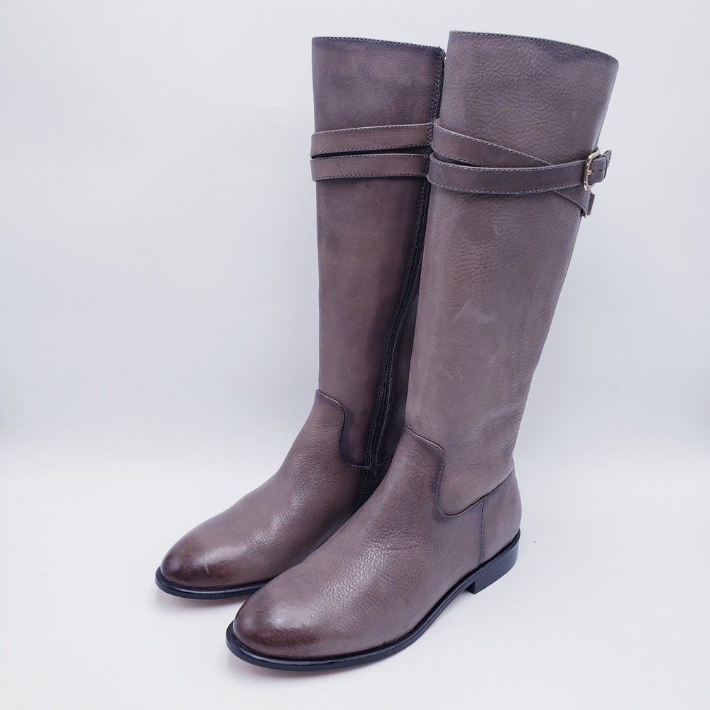 Isola Tall Leather Riding Boots Taupe Brown Buckle Strap Detail Women's Size 8.5